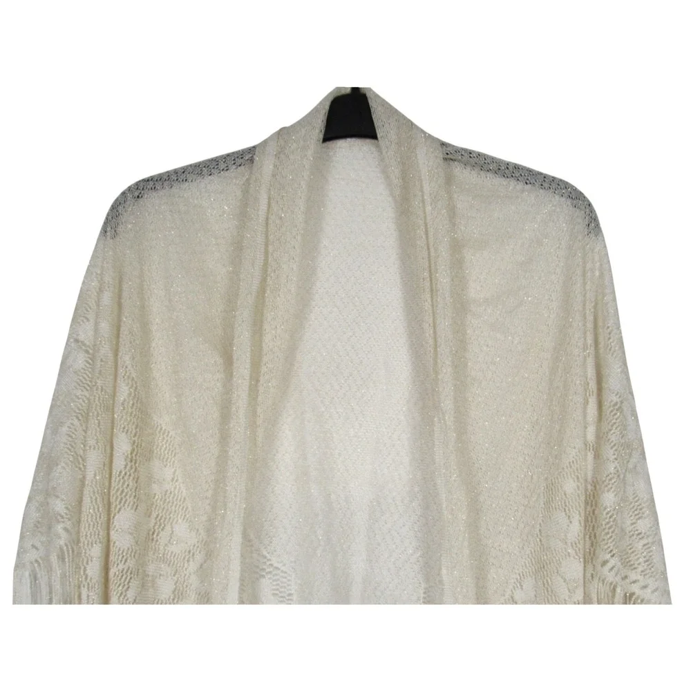 VTG SALLY GEE White w/GOLD METALLIC Floral Eyelet Crochet EVENING WRAP SHAWL OS